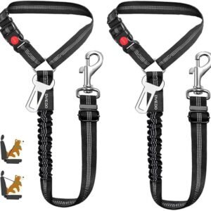 DVEDO 2 in 1 Dog Seatbelts for Cars, 2 Pack Pet Safe Guard Car Seat Belt Headrest Restraint Clip Puppy Adjustable Dog Car Harness Belt with Anti-Shock Elastic Bungee Buffer for All Vehicles