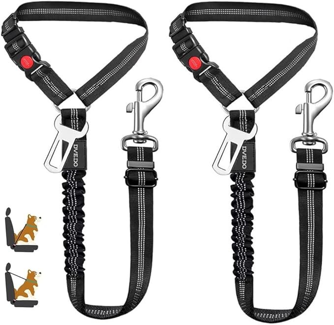 DVEDO 2 in 1 Dog Seatbelts for Cars, 2 Pack Pet Safe Guard Car Seat Belt Headrest Restraint Clip Puppy Adjustable Dog Car Harness Belt with Anti-Shock Elastic Bungee Buffer for All Vehicles